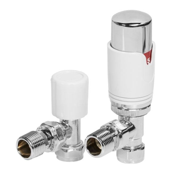Chrome & White Angled Thermostatic Radiator Valve (Pairs) - 69398