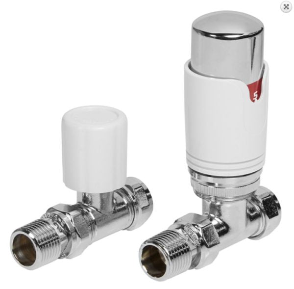 Chrome & White Straight Thermostatic Radiator Valve (Pairs) - 69399