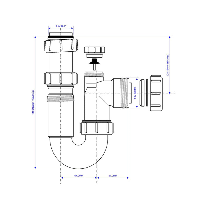McAlpine 1.5" Adjustable Inlet Tubular Swivel Anti-Syphon 'P' Trap - ASC10V