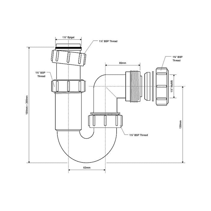 McAlpine 1.5" Adjustable Inlet Tubular Swivel 'P' Trap - ASC10