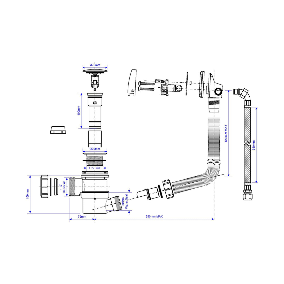 McAlpine CP Brass Bath Filler and Overflow (Top Access Clicker) HC26