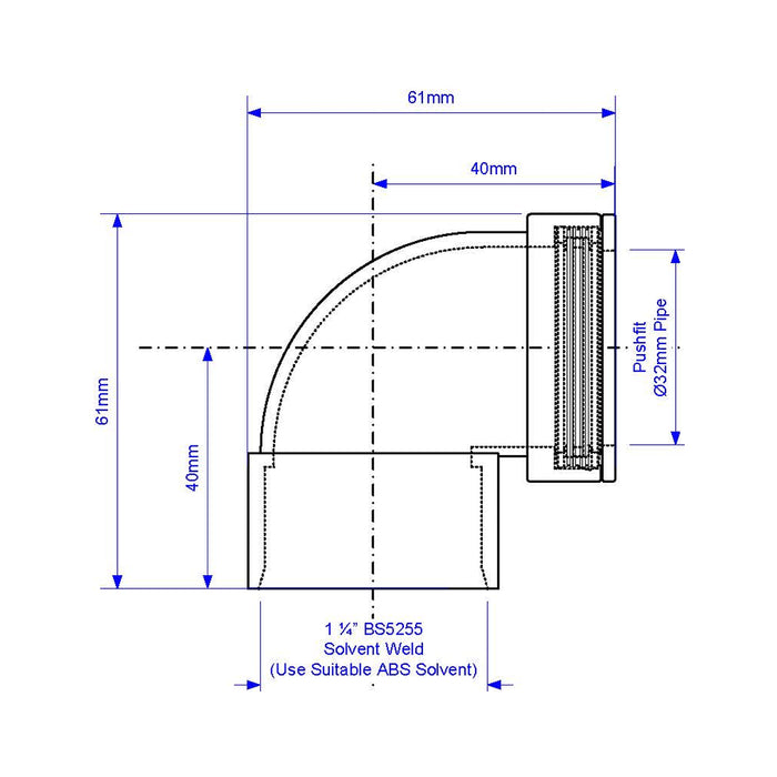 McAlpine 1.25" 90 Deg Solvent Weld Bend x 32mm Pushfit - MS4-32SOLVENT