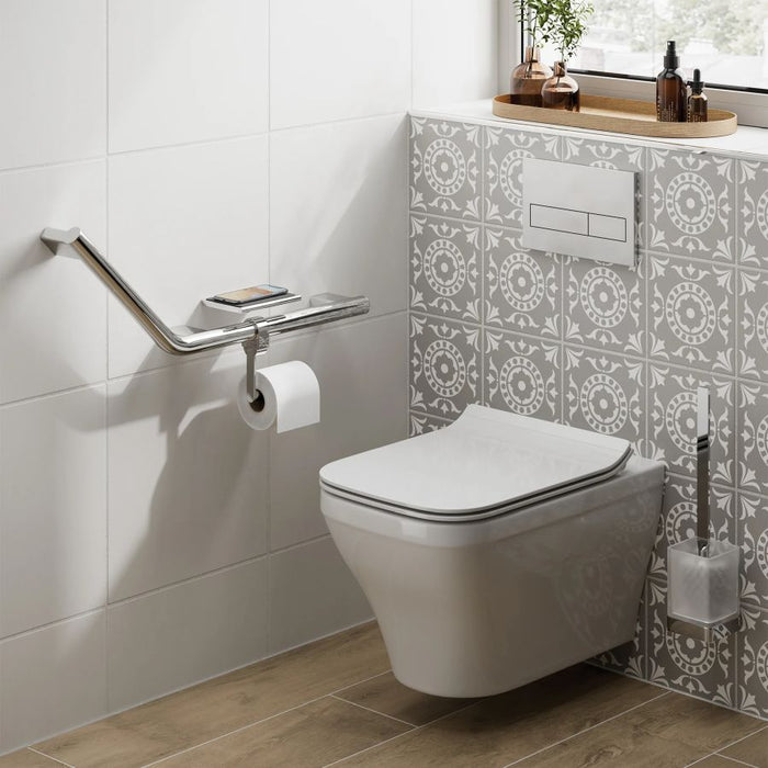 HiB Angled Grab Rail with Toilet Roll Holder and Shelf with Anti-Slip Mat (Left) - PAM002