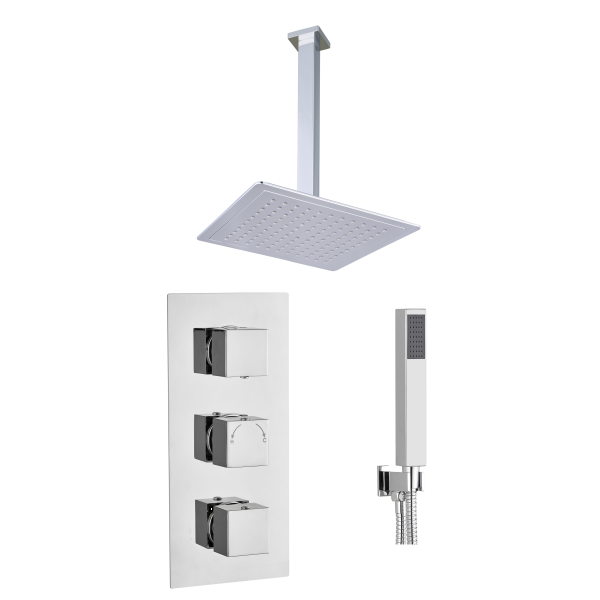 Square Concealed Thermostatic 3 Handle 2 Way Shower Kit (Ceiling Kit) - TIS0012C