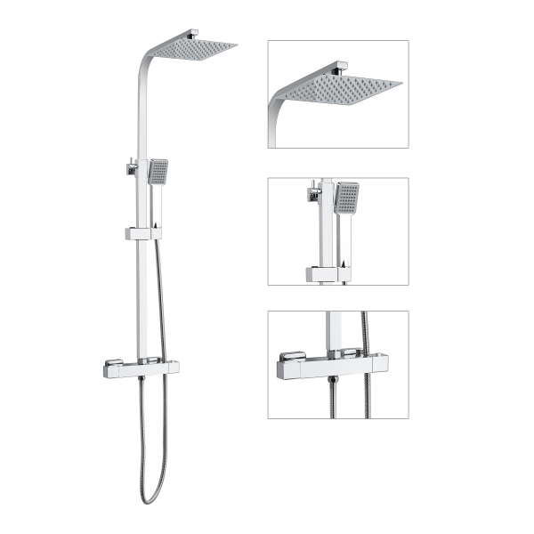 Square Thermostatic Overhead Shower Kit with Stainless Steel Head & Adjustable Rail - TIS0126
