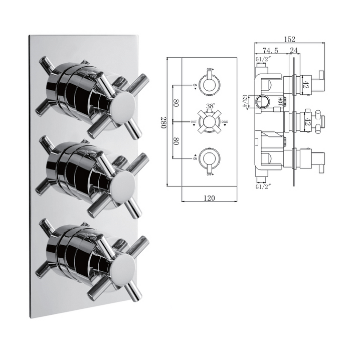Xceed Concealed Thermostatic Shower Valve, 3 Handle 2 Outlet - 029.36.008 The Bathroom Accessory Company
