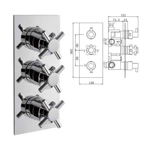 Xceed Concealed Thermostatic Shower Valve, 3 Handle 3 Outlet - 029.36.011 The Bathroom Accessory Company